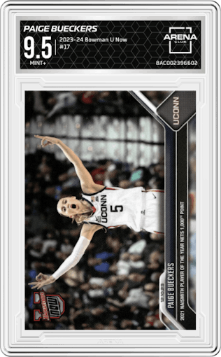 Paige Bueckers from the 2023-24 Bowman U Now set graded by Arena Club and given an overall grade of 9.5.