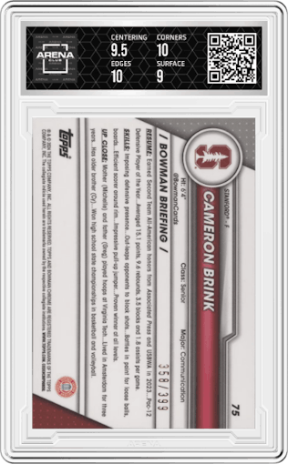 Cameron Brink from the 2023-24 Bowman U Chrome set featuring a  Purple Refractor parallel graded by Arena Club and given an overall grade of 9.5.