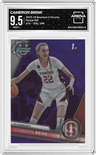 Cameron Brink from the 2023-24 Bowman U Chrome set featuring a  Purple Refractor parallel graded by Arena Club and given an overall grade of 9.5.