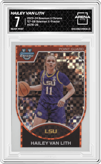 Hailey Van Lith from the 2023-24 Bowman U Chrome set featuring a X-Fractor parallel graded by Arena Club and given an overall grade of 7.