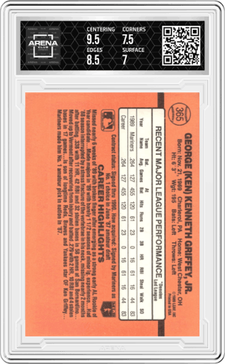 Ken Griffey Jr. from the 1990 Donruss set graded by Arena Club and given an overall grade of 7.5.