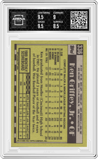 Ken Griffey, Jr. from the 1990 Topps set graded by Arena Club and given an overall grade of 9.