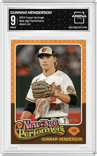 Gunnar Henderson from the 2024 Topps Heritage set graded by Arena Club and given an overall grade of 9.