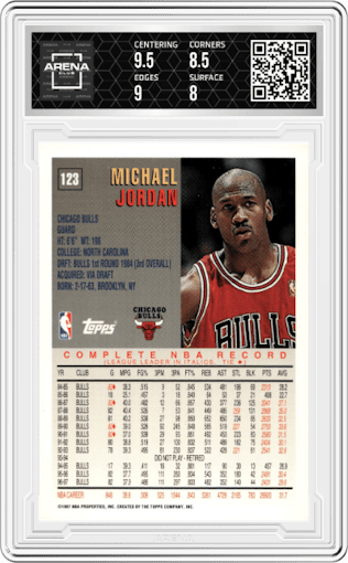 Michael Jordan from the 1997-98 Topps  set graded by Arena Club and given an overall grade of 8.5.