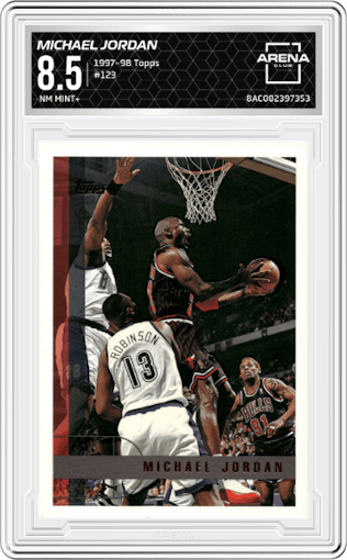 Michael Jordan from the 1997-98 Topps  set graded by Arena Club and given an overall grade of 8.5.