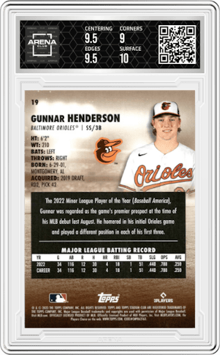 Gunnar Henderson from the 2023 Topps Stadium Club set graded by Arena Club and given an overall grade of 9.5.