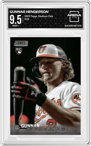 Gunnar Henderson from the 2023 Topps Stadium Club set graded by Arena Club and given an overall grade of 9.5.