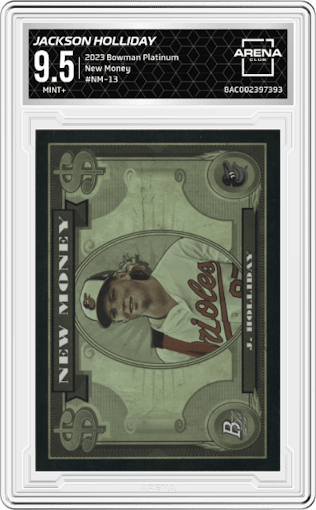 Jackson Holliday from the 2023 Bowman Platinum set graded by Arena Club and given an overall grade of 9.5.