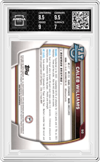 Caleb Williams from the 2022 Bowman University Chrome set graded by Arena Club and given an overall grade of 7.5.