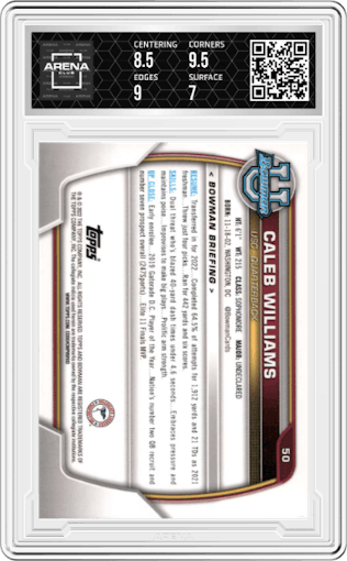 Caleb Williams from the 2022 Bowman University Chrome set graded by Arena Club and given an overall grade of 7.5.