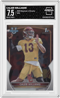 Caleb Williams from the 2022 Bowman University Chrome set graded by Arena Club and given an overall grade of 7.5.