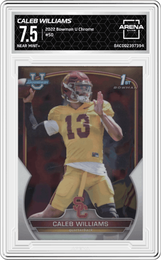 Caleb Williams from the 2022 Bowman University Chrome set graded by Arena Club and given an overall grade of 7.5.