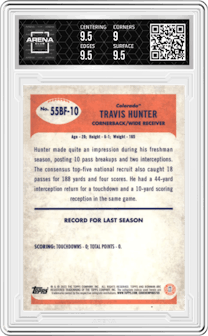 Travis Hunter from the 2023 Bowman Chrome University set graded by Arena Club and given an overall grade of 9.5.