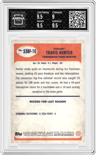 Travis Hunter from the 2023 Bowman Chrome University set graded by Arena Club and given an overall grade of 9.5.