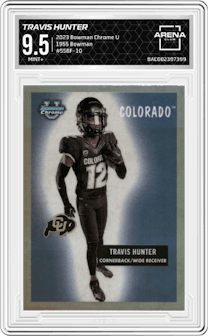 Travis Hunter from the 2023 Bowman Chrome University set graded by Arena Club and given an overall grade of 9.5.
