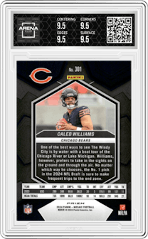 Caleb Williams from the 2024 Panini Mosaic set featuring a Mosaic parallel graded by Arena Club and given an overall grade of 9.5.