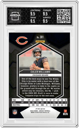 Caleb Williams from the 2024 Panini Mosaic set featuring a Mosaic parallel graded by Arena Club and given an overall grade of 9.5.