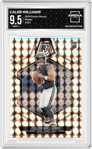Caleb Williams from the 2024 Panini Mosaic set featuring a Mosaic parallel graded by Arena Club and given an overall grade of 9.5.