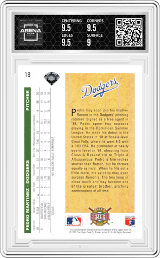 Pedro Martinez from the 1992 Upper Deck set graded by Arena Club and given an overall grade of 9.5.