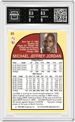 Michael Jordan from the 1990-91 NBA Hoops set graded by Arena Club and given an overall grade of 8.5.