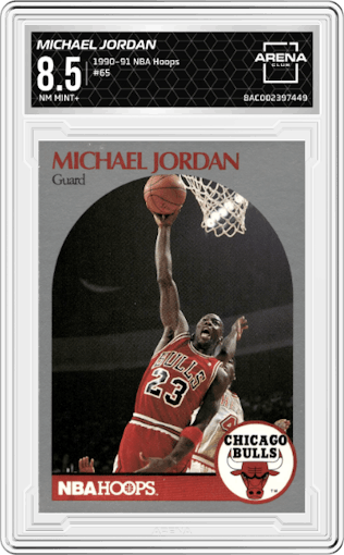 Michael Jordan from the 1990-91 NBA Hoops set graded by Arena Club and given an overall grade of 8.5.