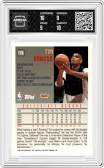 Tim Duncan  from the 1997-98 Topps  set graded by Arena Club and given an overall grade of 9.5.