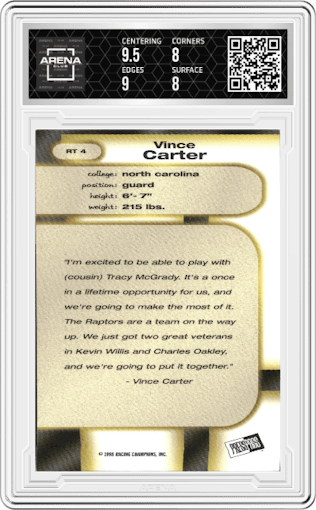 Vince Carter from the 1998 Press Pass Double Threat set graded by Arena Club and given an overall grade of 8.5.