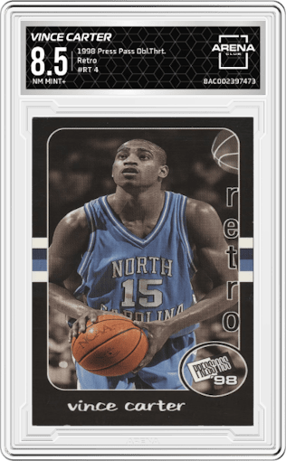 Vince Carter from the 1998 Press Pass Double Threat set graded by Arena Club and given an overall grade of 8.5.
