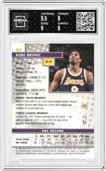 Kobe Bryant from the 1999-00 Topps Finest set featuring a W/ Coating parallel graded by Arena Club and given an overall grade of 8.5.