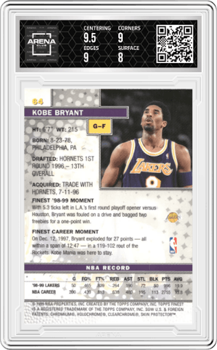 Kobe Bryant from the 1999-00 Topps Finest set featuring a W/ Coating parallel graded by Arena Club and given an overall grade of 8.5.