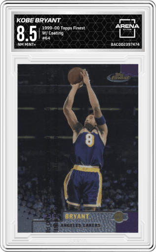 Kobe Bryant from the 1999-00 Topps Finest set featuring a W/ Coating parallel graded by Arena Club and given an overall grade of 8.5.