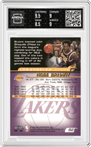 Kobe Bryant from the 1999-00 Fleer Focus set graded by Arena Club and given an overall grade of 9.