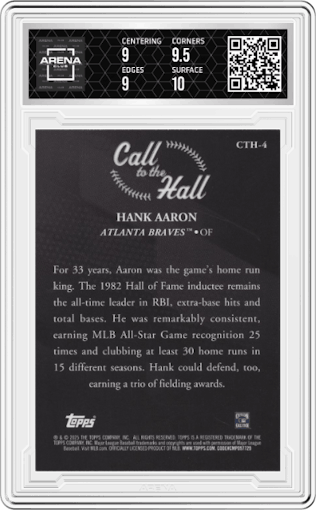 Hank Aaron from the 2025 Topps set graded by Arena Club and given an overall grade of 9.5.