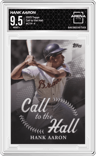 Hank Aaron from the 2025 Topps set graded by Arena Club and given an overall grade of 9.5.