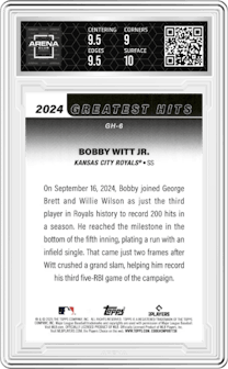 Bobby Witt Jr. from the 2025 Topps set graded by Arena Club and given an overall grade of 9.5.