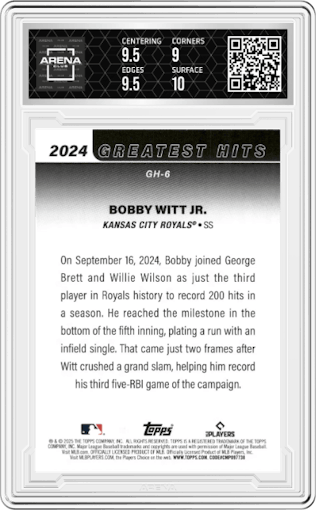 Bobby Witt Jr. from the 2025 Topps set graded by Arena Club and given an overall grade of 9.5.