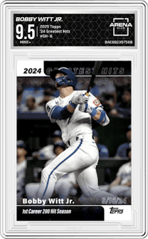 Bobby Witt Jr. from the 2025 Topps set graded by Arena Club and given an overall grade of 9.5.