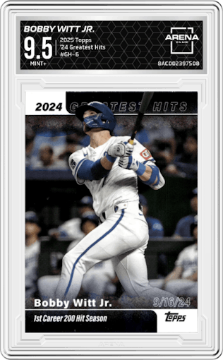 Bobby Witt Jr. from the 2025 Topps set graded by Arena Club and given an overall grade of 9.5.