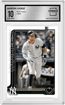 Aaron Judge from the 2025 Topps set graded by Arena Club and given an overall grade of 10.