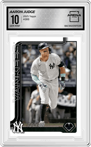 Aaron Judge from the 2025 Topps set graded by Arena Club and given an overall grade of 10.