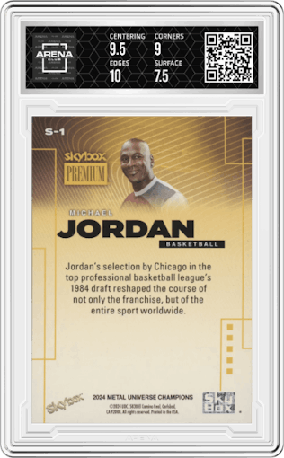 Michael Jordan from the 2024 SkyBox Metal Universe Champions set graded by Arena Club and given an overall grade of 8.