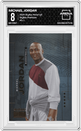 Michael Jordan from the 2024 SkyBox Metal Universe Champions set graded by Arena Club and given an overall grade of 8.