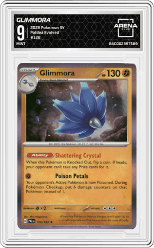 Glimmora from the 2023 Pokemon SV set graded by Arena Club and given an overall grade of 9.