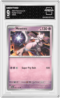 Mewtwo from the 2024 Pokemon SV set graded by Arena Club and given an overall grade of 9.