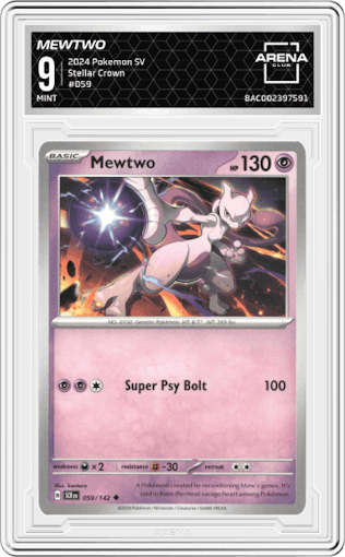 Mewtwo from the 2024 Pokemon SV set graded by Arena Club and given an overall grade of 9.