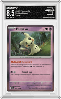 Mimikyu from the 2023 Pokemon SV set graded by Arena Club and given an overall grade of 8.5.