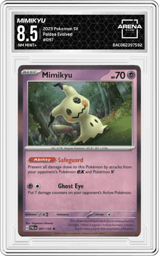 Mimikyu from the 2023 Pokemon SV set graded by Arena Club and given an overall grade of 8.5.