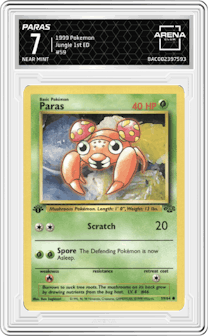 Paras from the 1999 Pokemon set graded by Arena Club and given an overall grade of 7.