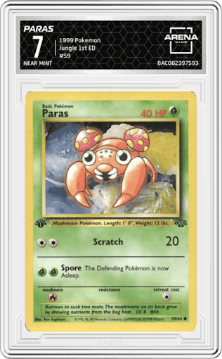 Paras from the 1999 Pokemon set graded by Arena Club and given an overall grade of 7.