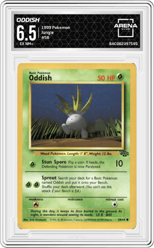 Oddish from the 1999 Pokemon set graded by Arena Club and given an overall grade of 6.5.